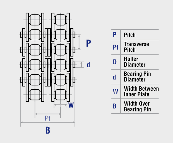 Duplex ANSI roller chain technical drawing